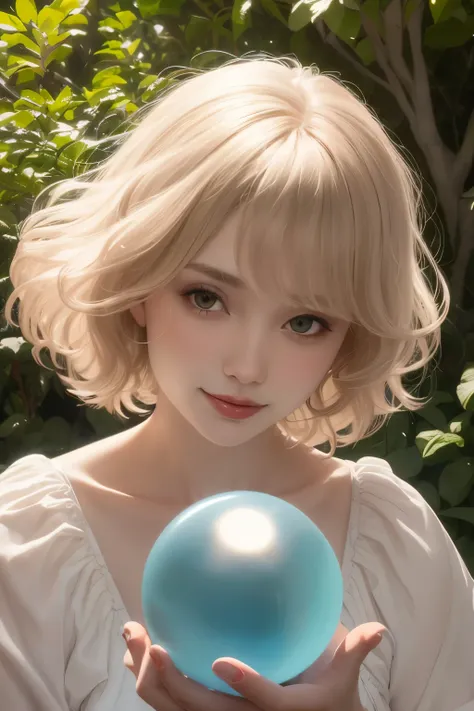 382 (20 year old woman),(short hair),(gentle smile),(high quality photos),( cinematic pictures playing on the lawn ),(colorful),(Crystal Ball),((contrast between light and shade))