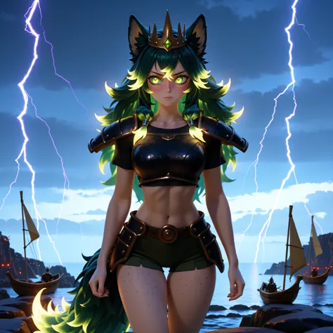 Masterpiece , best quality , amazing quality , absurdres , very aesthetic , lazypos , 3D, (1 woman , 5' tall, slim , medium-large chest , large hip , thigh gap , (dark green long hair) , fluffy hair , wolf ears , fluffy ears , fluffy tail) , (wearing black...