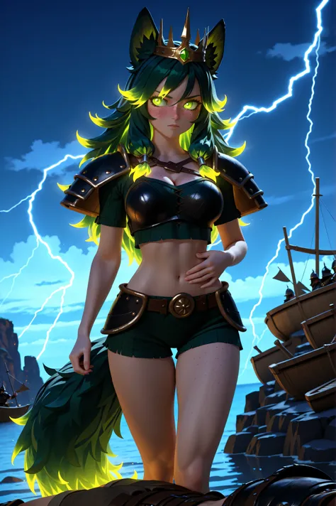 Masterpiece , best quality , amazing quality , absurdres , very aesthetic , lazypos , 3D, (1 woman , 5' tall, slim , medium-large chest , large hip , thigh gap , (dark green long hair) , fluffy hair , wolf ears , fluffy ears , fluffy tail) , (wearing black...