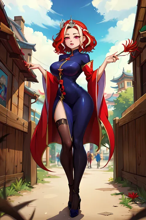 (masterpiece, best quality, absurdres, 4k, aesthetic, detailed,  intricate),a full body girl, nod,tiara, headband, 
Cosplay like a spider lily - Manjusaka, multicoloured hair, red hair,ojos rojos ,red hair ,bicolor hair, provocative multicolor Chinese dres...