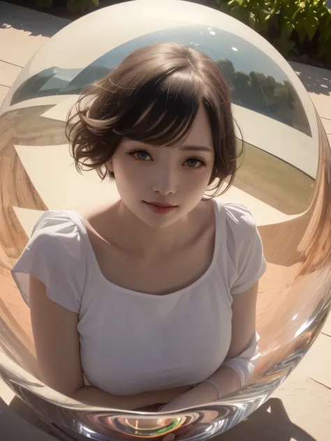 382 (20 year old woman),(short hair),(gentle smile),(high quality photos),( cinematic pictures playing on the lawn ),(colorful),(Crystal Ball),((contrast between light and shade))