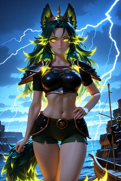 Masterpiece , best quality , amazing quality , absurdres , very aesthetic , lazypos , 3D, (1 woman , 5' tall, slim , medium-large chest , large hip , thigh gap , (dark green long hair) , fluffy hair , wolf ears , fluffy ears , fluffy tail) , (wearing black...