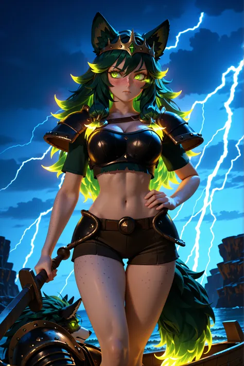 Masterpiece , best quality , amazing quality , absurdres , very aesthetic , lazypos , 3D, (1 woman , 5' tall, slim , medium-large chest , large hip , thigh gap , (dark green long hair) , fluffy hair , wolf ears , fluffy ears , fluffy tail) , (wearing black...