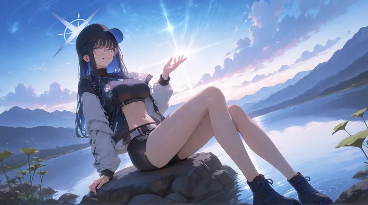 A Realistic image, extremely sharp focus, crisp details, high resolution, 4K, 8K. (correct anatomy and detailed hand). A wide angle shot, low angle, front view, a detailed, high quality rendering of Saori Joumae from Blue Archive. She wears beautiful, deta...