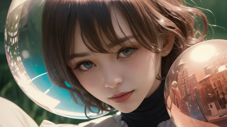 382 (20 year old woman),(short hair),(gentle smile),(high quality photos),( cinematic pictures playing on the lawn ),(colorful),(Crystal Ball),((contrast between light and shade))