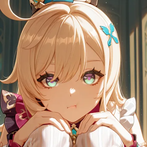escoffier genshin impact, Cheeks puffed out in a pout, looking directly at the viewer with a questioning or slightly annoyed look, hands on knees while seated.