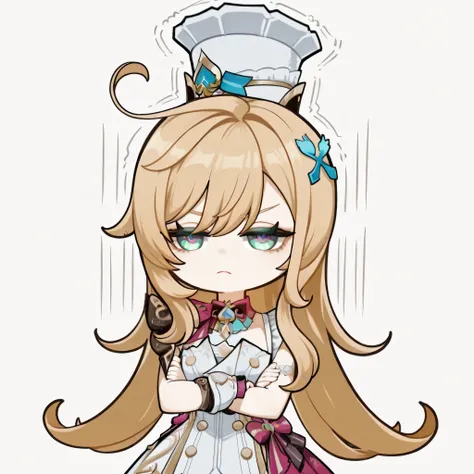 escoffier genshin impact, Slight head shake and a small, unimpressed frown, arms crossed over chest, standing confidently despite the 'disagreement'.