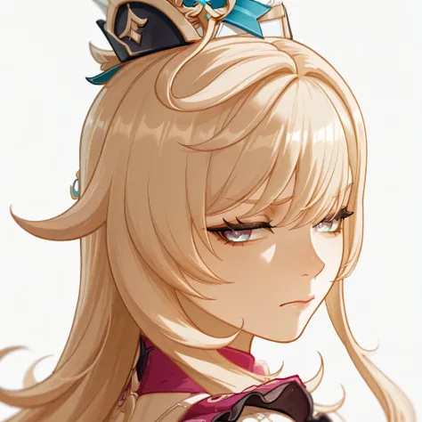 escoffier genshin impact, Wrinkled nose and slight frown, looking away with a "disgusted" but still cute face, turning their back slightly, view from side.