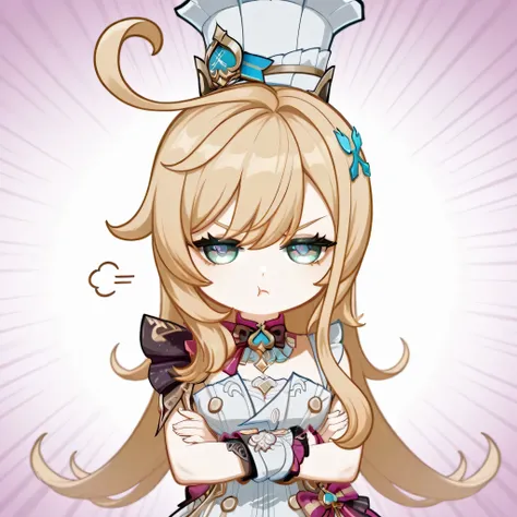 escoffier genshin impact, Pouting playfully, looking slightly annoyed but cute, crossed arms, standing with a small sway, comic effect lines.