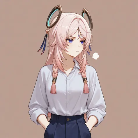 citlali genshin impact, Muttering under their breath with a visibly annoyed but small frown, looking off to the side, hands tucked into pockets