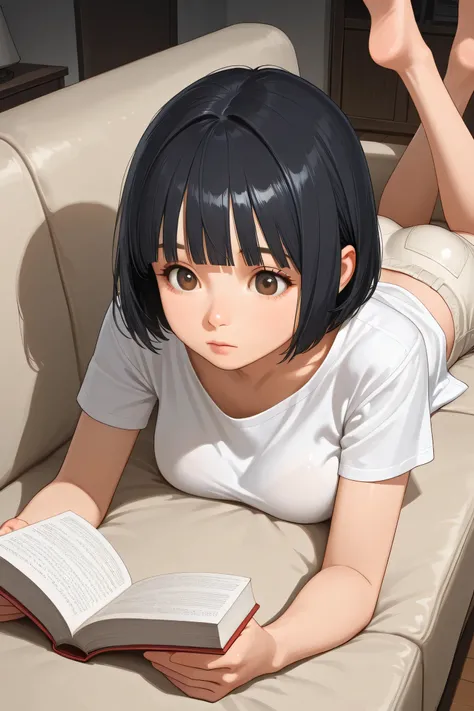 1girl, lying on stomach, on sofa, arched back, reading book, feet up, from above,
BREAK girl, 22yo, short hair, bob cut, ear, (blunt bangs), black hair, (tareme:1.2), detailed cute brown eyes, curled eyelashes, (large breasts:0.8),
beautiful eyes, beauti...