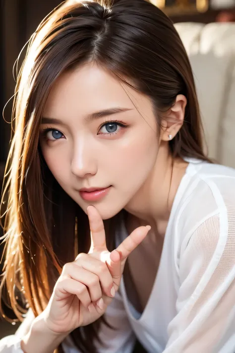 ((超 realistic )), Full-length portrait of a woman relaxing at home, natural beauty, Living Room , Woman with her hair tied up in a casual manner, Sexy Face, Long hair with gentle waves, Very gentle expression, adult female laughter , mature mature , ...