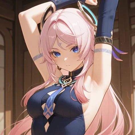 citlali genshin impact, Upper body shot of a person in a stretching pose, arching back or reaching an arm overhead, causing the armpit to be visible. Their expression is relaxed but flushed, with slightly rosy cheeks and a soft gaze, suggesting warmth or g...