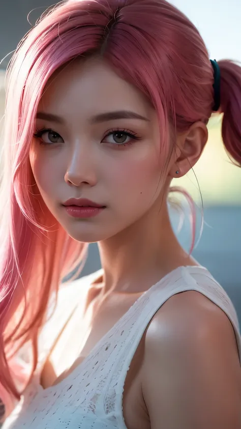 pink hair, long hair, One Side Lock Hairpin Blush Modern Cinematic Light, ray tracing, Drop Shadow Wide Shot UHD, textured skin, high detail , top quality 4k