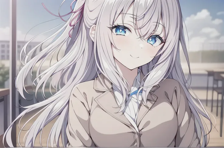White hair, long hair,( blue eyes:1.5), (big :1.2),
1 Girl, school uniforms, flat chest, Smile,outdoor,wind, Game CG Break,,( masterpiece), (best quality), (super detailed), Very beautiful, Newest, Beauty illustration,long straight hair Ponytail, shiny ...