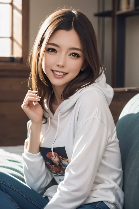 Please draw what you like.8k,Comic style, sci-fi, a beautiful girl, 1girl, cute ginger cat, playing with cat, adorable smile, long black hair, green eyes, detailed face, hoody, jeans, realistic, photorealistic, high quality, detailed background, natural li...