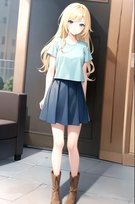 1girl, standing (Anatomically Correct body 1.6 ) Blonde anime girl with long hair of (eye Yellow Navy blue t-shirt and light blue skirt (color) And brown boots 1.6)