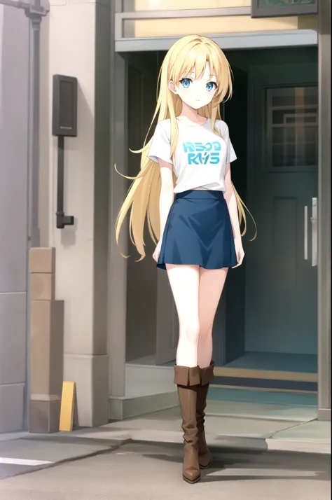 1girl, standing (Anatomically Correct body 1.6 ) Blonde anime girl with long hair of (eye Yellow Navy blue t-shirt and light blue skirt (color) And brown boots 1.6)
