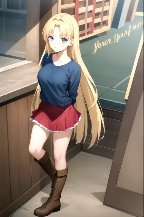 1girl, standing (Anatomically Correct body 1.6 ) Blonde anime girl with long hair of (eye Yellow Navy blue t-shirt and light blue skirt (color) And brown boots 1.6)