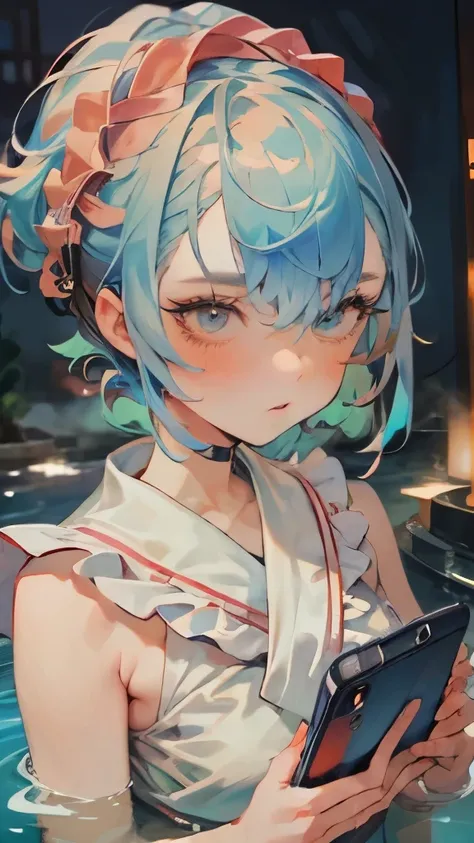 masterpiece,Highest Quality,Great Quality,very aesthetic,
1 girl, selfie, A romantic night at a hot spring, A close-up of a hand holding a smartphone, The screen being filmed,、big eyes、cute face