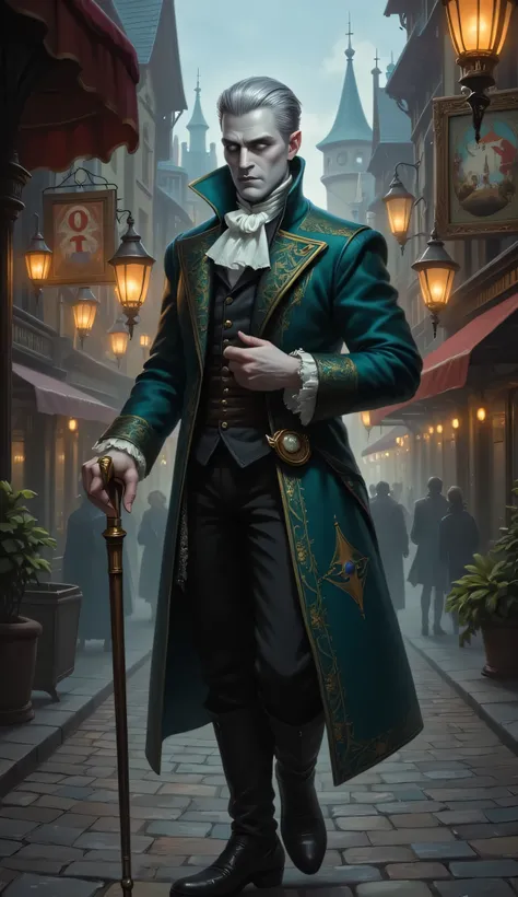 Сhangeling, 1male, solo, pale grey skin, dandy, standing confidently, in a cobblestone street of a magical city, at dusk, under gas lamps and drifting fog, sharp masculine jawline, slicked-back silver hair, tailored brocade coat, delicate features, walking...