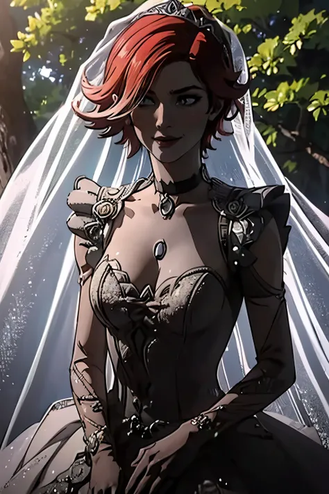 Lilith Borderlands, hair between eyes, ahoge, red hair, star \(symbol\), hair ornament, ruffled tulle dress, cleavage, bare shoulders, collarbone, long black elbow gloves, black gloves, black dress, black choker, strapless, tiara, veil, strapless dress, p...