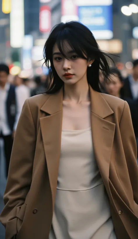 A mesmerizing young woman strides through Shinjuku crowds, her camel blazer flaring open to reveal a slip dress as sudden wind whips black hair across her face. The motion-blurred crowd melts into bokeh lights, her pearl earring the only sharp point in fra...