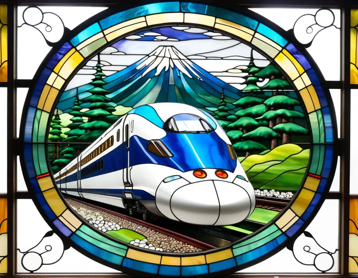 a close up of a stained glass window with a  Japan Shinkansen on it, stained glass style, stained glass art, stained glass!!, stained glass,  Japan Shinkansen themed, stained glass, psychedelic  Japan Shinkansen パスカル・ブランシェに触発された, green stained glass, stain...
