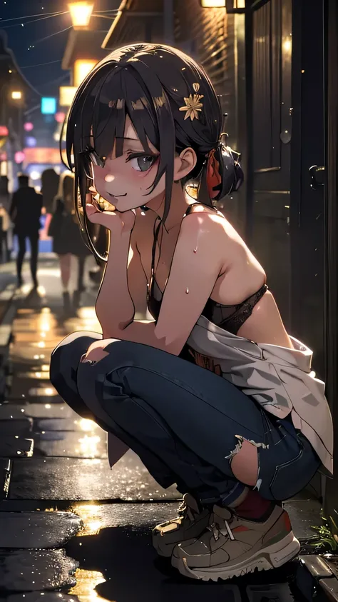 seductive grin smug, drunken eyes, (blush), half closed eyes,
Jacket, low-cut denim, sneakers,　 from side,
(1girl is standing leaning forward and looking at us),
(1girl is squatting and looking this way),
(multiple girls), (group picture), lineup, harem, 　...