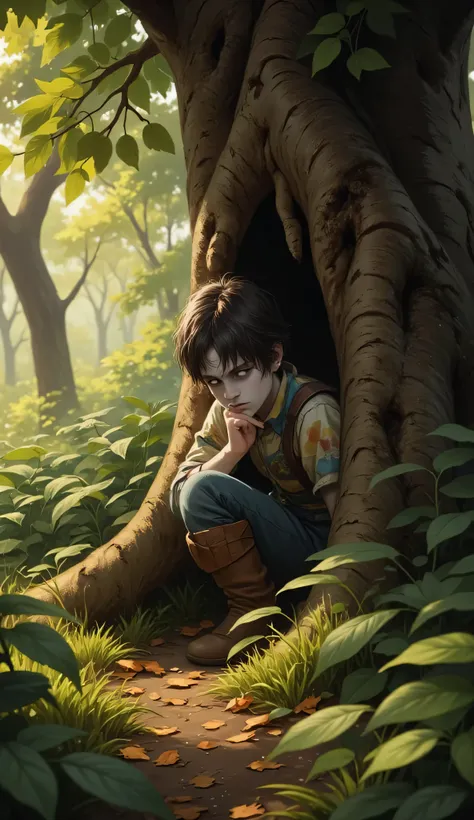 Сhangeling, 1child, 1kid, 1baby, solo, pale grey skin, hiding, behind a large tree, enchanted forest, playing hide-and-seek, freckled boy, messy hair, crouch, playful but cautious expression, holding breath, patchwork clothing, slightly tattered, small mag...