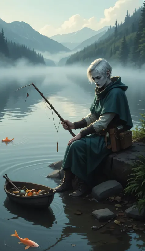 Сhangeling, 1female, solo, pale grey skin, fisherwoman, sitting, at the edge of a misty lake, at dawn, holding a handmade fishing rod, youthful woman, short hair, sharp eyes, part rugged cloak, part sleek fabric from another world, magical fish with glowin...