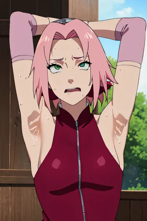 Sakura Haruno,human woman with fair skin.with green eyes and red clothing. Her hair is long and pink in color; She is beautiful. Fair skin.Tsundere face. Pink eye shading,mature appearance,armpits,sweat,sweaty,sweaty armpits,arms up,showing armpits,awesome...