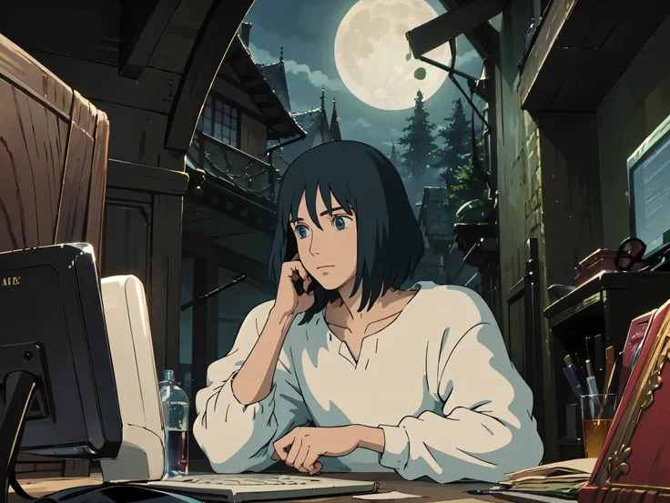 masterpiece, 1 boy, solo, Howl's_Jenkins , blue eyes, detailed eyes, My hair is , white shirt, , and sits next to my computer, forest, At night, star, moon,