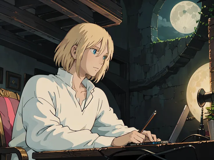 masterpiece, 1 boy, solo, Howl's_Jenkins , blue eyes, detailed eyes, My hair is , white shirt, , and sits next to my computer, forest, At night, star, moon,