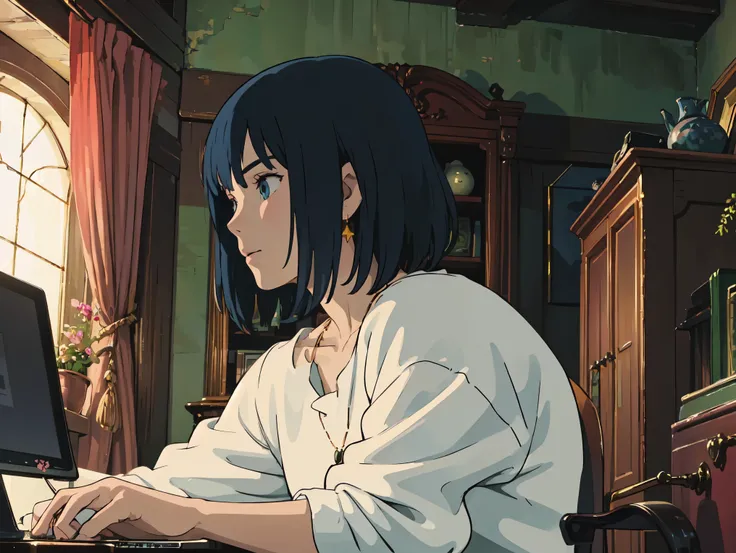 masterpiece, 1 boy, solo, Howl's_Jenkins , blue eyes, detailed eyes, My hair is , white shirt, and sits next to my computer, forest, At night, star, Month High Quality,4K real,Super Fine,Masterpiece,photographer style,portrait,fantasy,Traditional painting,...