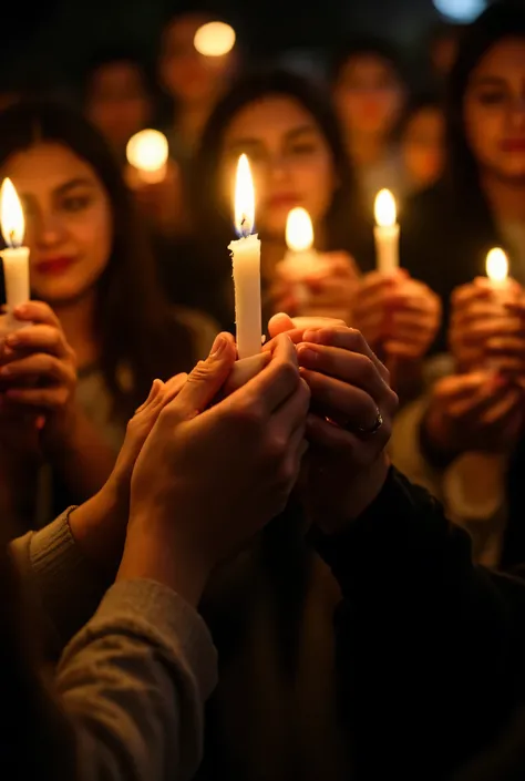 A close-up of hands gently cupping a lit candle, surrounded by others in the background doing the same. Warm light flickers on faces, and everything beyond the hands is softly blurred. The image carries a sense of grief, unity, and silent strength.