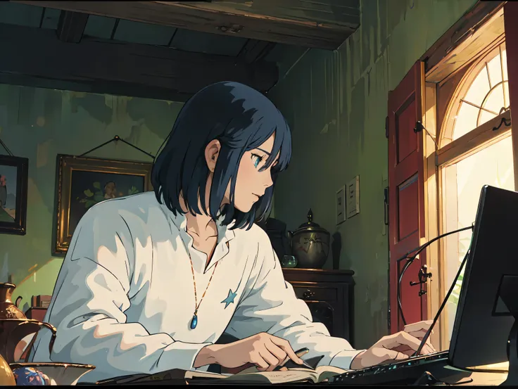 masterpiece, 1 boy, solo, Howl's_Jenkins , blue eyes, detailed eyes, My hair is , white shirt, and sits next to my computer, forest, At night, star, Month High Quality,4K real,Super Fine,Masterpiece,photographer style,portrait,fantasy,Traditional painting,...