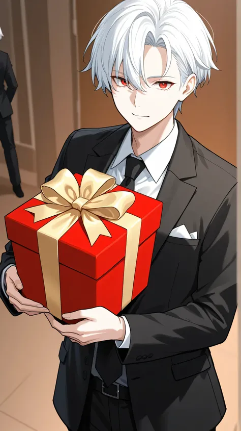 men white short hair,red eyes black suit give present birthday