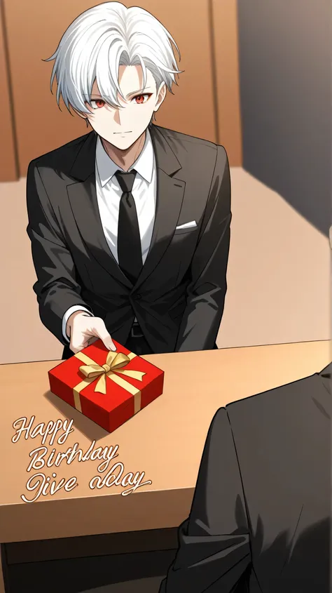 men white short hair,red eyes black suit give present birthday