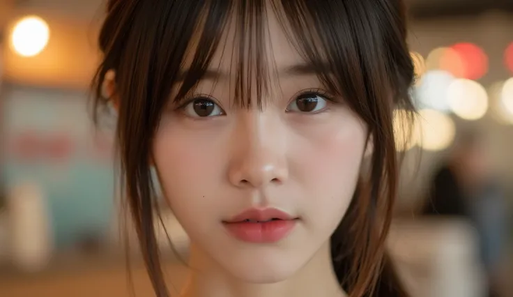 close-up selfie of a fresh-faced Korean girl trainee, tousled dark brown hair with bangs, subtle glossy lips, expressive eyes with catchlights, warm ambient lighting, candid and pure mood, high-resolution iPhone portrait