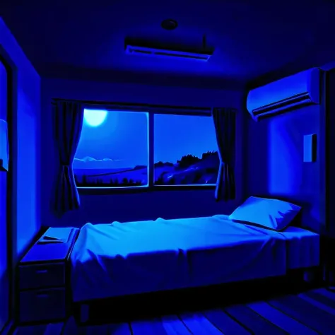 anime, (wide shot:1.2), (landscape of bedroom:1.6), (large bedroom:1.0), (single bed:1.7), (closet the left side of the bed:1.3), (window:1.3), (tranquil view:1.2), (air conditioner installed on top:1.3),  (desk:1.3), (ceiling light:1.0), (moonlight:1.0), ...