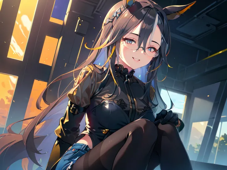 (The theme of the work is "Photos taken with an iPhone"), (Real Snap: 1.5), (Solo, Alone, Girl, Horse Ears, Jumping Knee Attack, Sitting Attack, Glasses, Black Hair, Super Long Hair, Hair Covering Ears, Intense Smile, Hidden Round Breasts, See-through Blac...