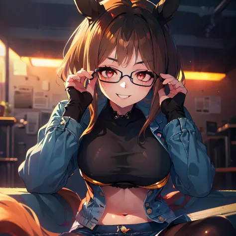 (The theme of the work is "Photos taken with an iPhone"), (Real Snap: 1.5), (Solo, Alone, Girl, Horse Ears, Jumping Knee Attack, Sitting Attack, Glasses, Black Hair, Super Long Hair, Hair Covering Ears, Intense Smile, Hidden Round Breasts, See-through Blac...