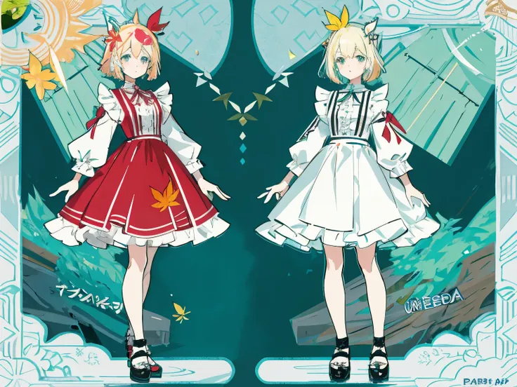 Highest，animated concept art，pretty 、アニメCharacter Design，anime character reference sheet，[Character Design]，1 girl on break day, (CHARACTER INFO)、( CHARA LEAF )、 stylish, Ruffles and lace,Type sheet, character sheet, Three Types，full body shot，shoes、ゲームCha...