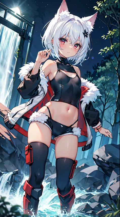 top grade 、white hair、short hair,red eyes、Beautiful Girls、Petite、Cat ears,flat chested,(jacket,Tankini,fur,hotpants,boots,navel,),in the Dark Forest,waterfall,watery eyes,crying face,night,