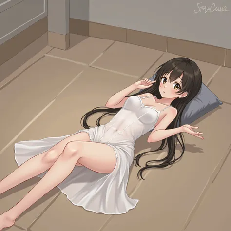 (masterpiece, Highest Quality:1.2), Real Live Action、、floor、Beautiful middle school girl、bust size B-78 cup small chest、smooth and soft skin、white transparent camisole underwear only、 lie on your back、Spread your legs wide、Legs Wide、No Panties、full body im...