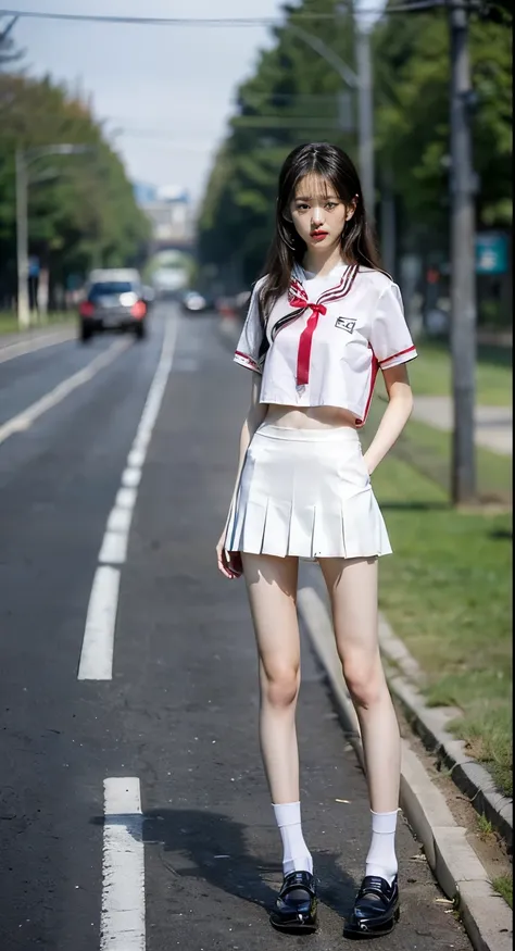 (8k、RAW Photo、Highest Quality、masterpiece:1.3)、(realistic、realistic:1.2)、(((full body shot:1.7)))、((Extremely long legs:1.2))、((Extremely thin legs:1.4))、((Focus on standing straight with your legs aligned:1.5))、Extremely Slim Model Body、((realistically re...
