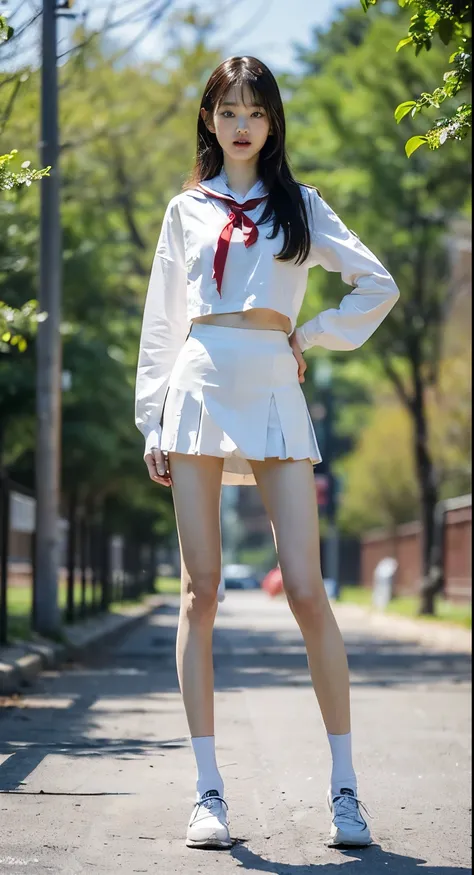 (8k、RAW Photo、Highest Quality、masterpiece:1.3)、(realistic、realistic:1.2)、(((full body shot:1.7)))、((Extremely long legs:1.2))、((Extremely thin legs:1.4))、((Focus on standing straight with your legs aligned:1.5))、Extremely Slim Model Body、((realistically re...