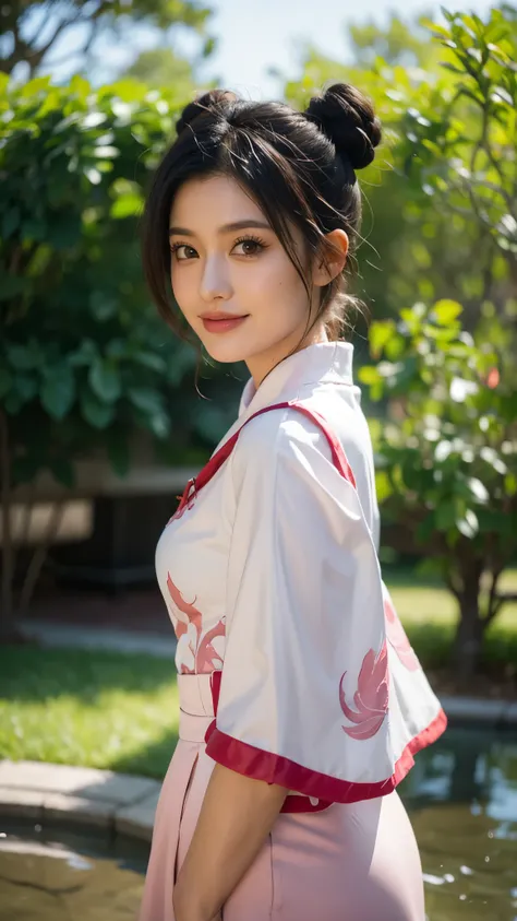 A stunningly beautiful realistic portrait of Tenten from Naruto Shippuden, reimagined as a real-life young woman. She has soft, radiant skin, expressive dark brown eyes, and long black hair styled into her signature twin buns with a few loose strands frami...