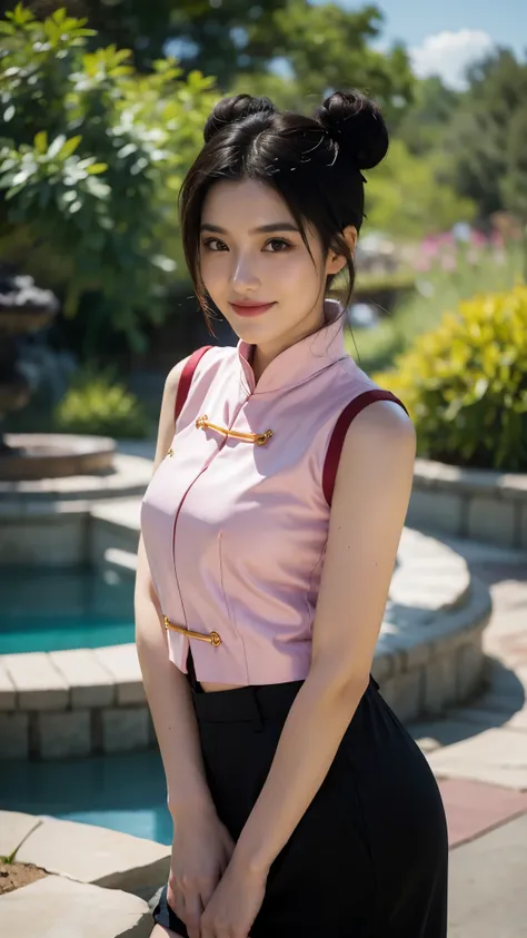 A stunningly beautiful realistic portrait of Tenten from Naruto Shippuden, reimagined as a real-life young woman. She has soft, radiant skin, expressive dark brown eyes, and long black hair styled into her signature twin buns with a few loose strands frami...